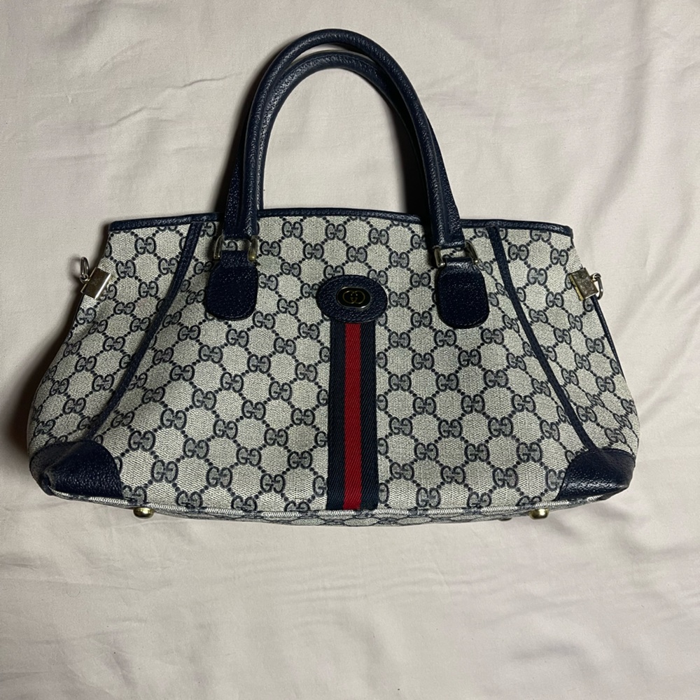 AUTHENTIC GUCCI Vintage Sherry Line GG Web PVC Canvas Navy Crossbody ShoulderBag